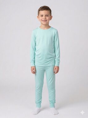 Sungglers Kids BAMBOO Two Piece Pajama Set Solid Aqua Buttery Soft Sz 9/10 NWT